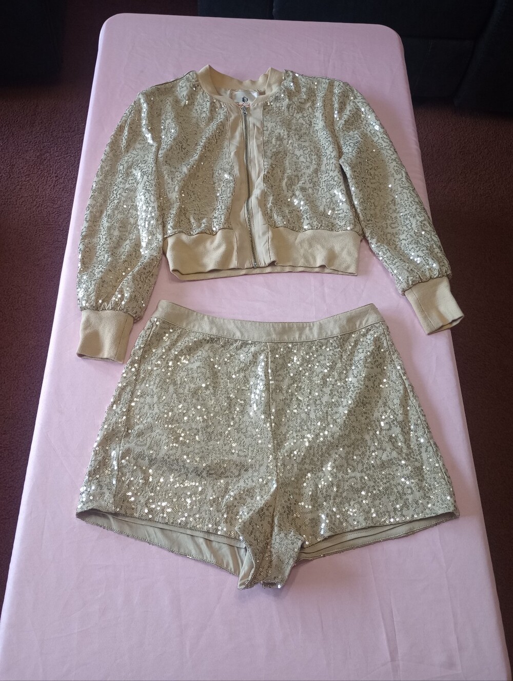 Marilyn Monroe gold sequin cropped bomber jacket and high-waisted shorts set